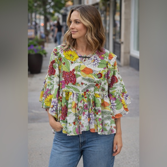 Love The Label Tops - Love The Label Mitzie Floral Ruffle Blouse Boho Cotton Peplum Top